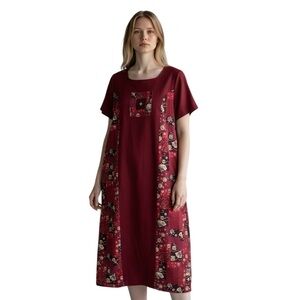 Island Attitudes L Red Patchwork Dress Fans Parasol Flora Linen Cotton Hawaii‎